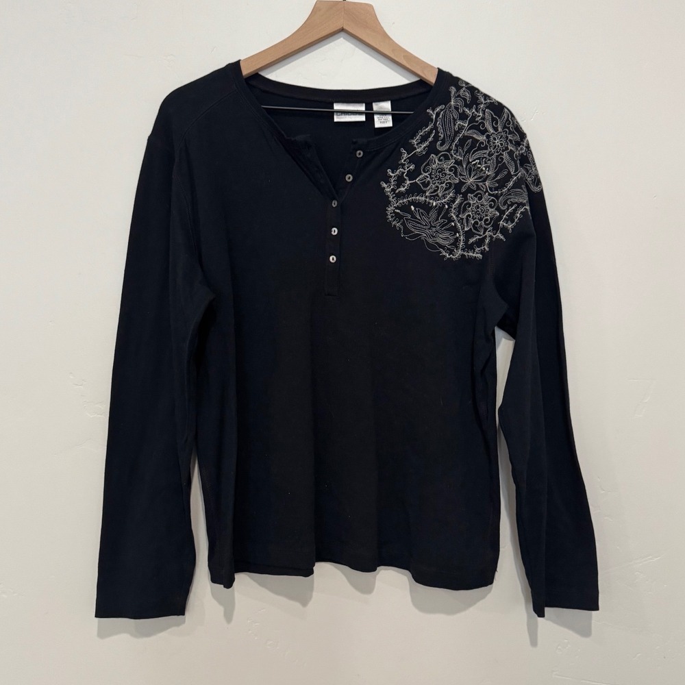 Chico's Black Floral Embroidered Henley Long Sleeve Top XL Size 3 XL Y2K Cotton